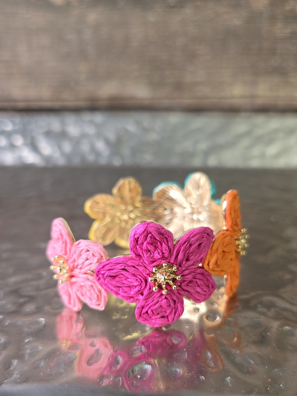 Handmade Floral Cuff Bracelet in Orange, Pink & Teal, NEW - Picture 2 of 5